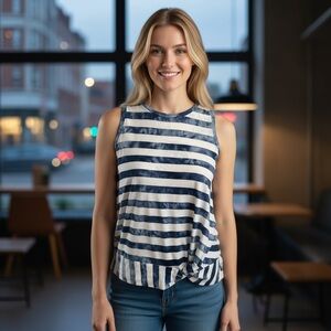 Chaps Navy and White Striped Tank Top with‎ tie-dye effect. New with tag. Small